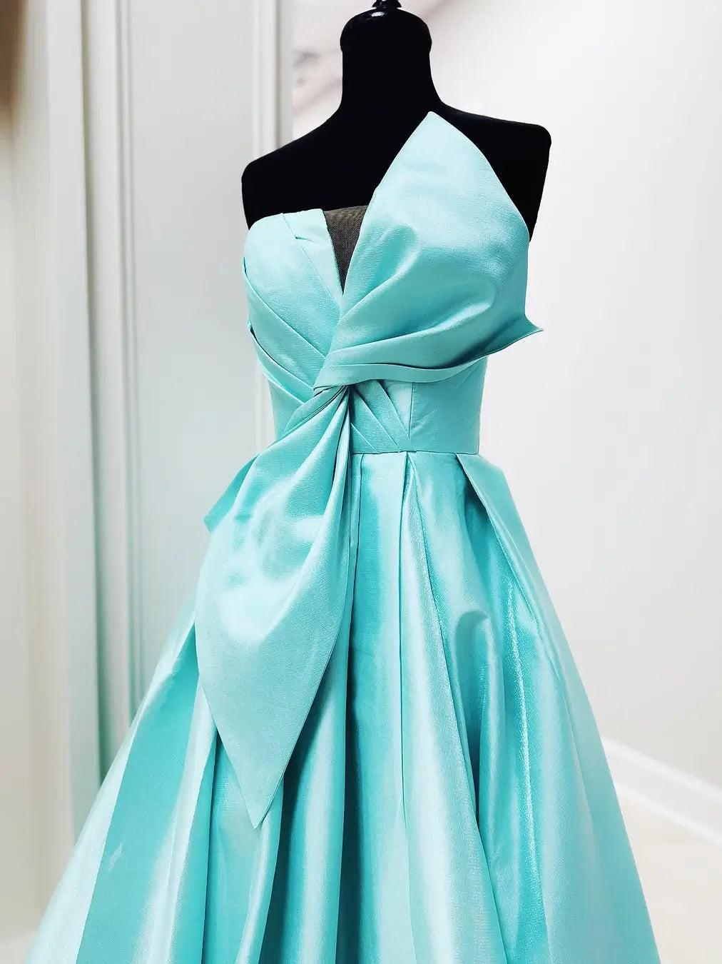 Blue Strapless Satin Prom Dress with Slit & Bow – Style FD5200