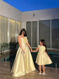 Yellow Satin Strapless Prom Dresses 2025 with 3D Flower – FD5208