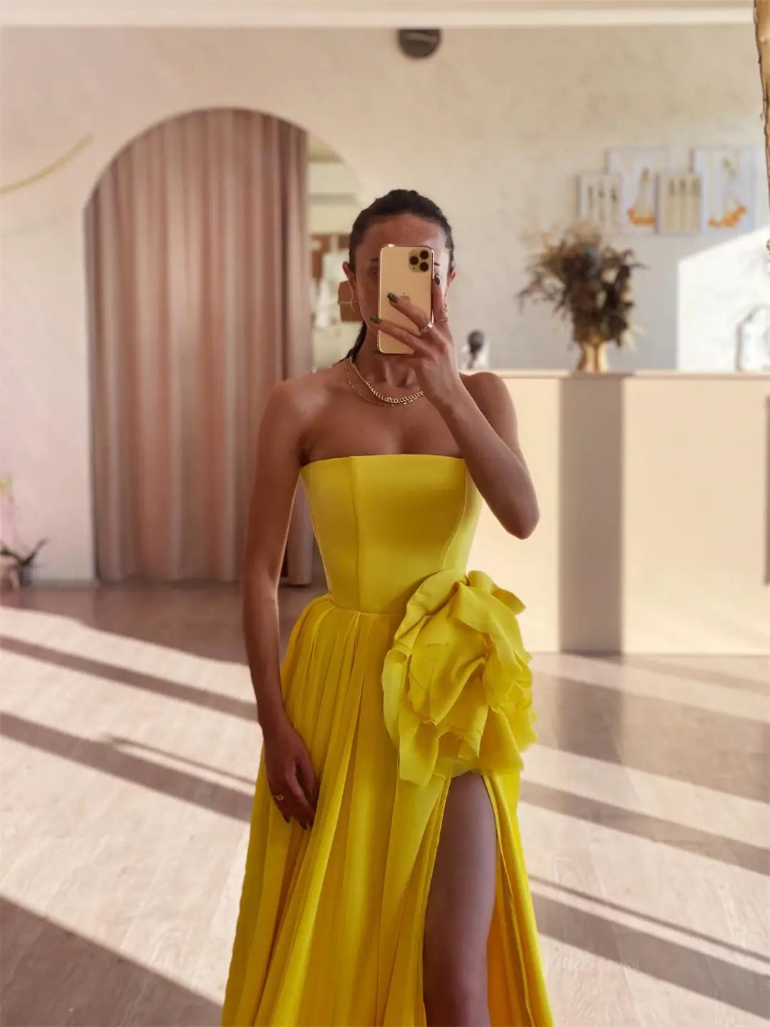 Yellow Strapless Chiffon Prom Dresses 2025 High Slit 3D Flower Formal Dress FD5226