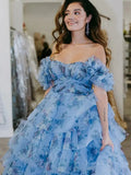 Blue Floral Print Tulle Prom Dresses 2025 Tiered Off the Shoulder Formal Gown - FD5303