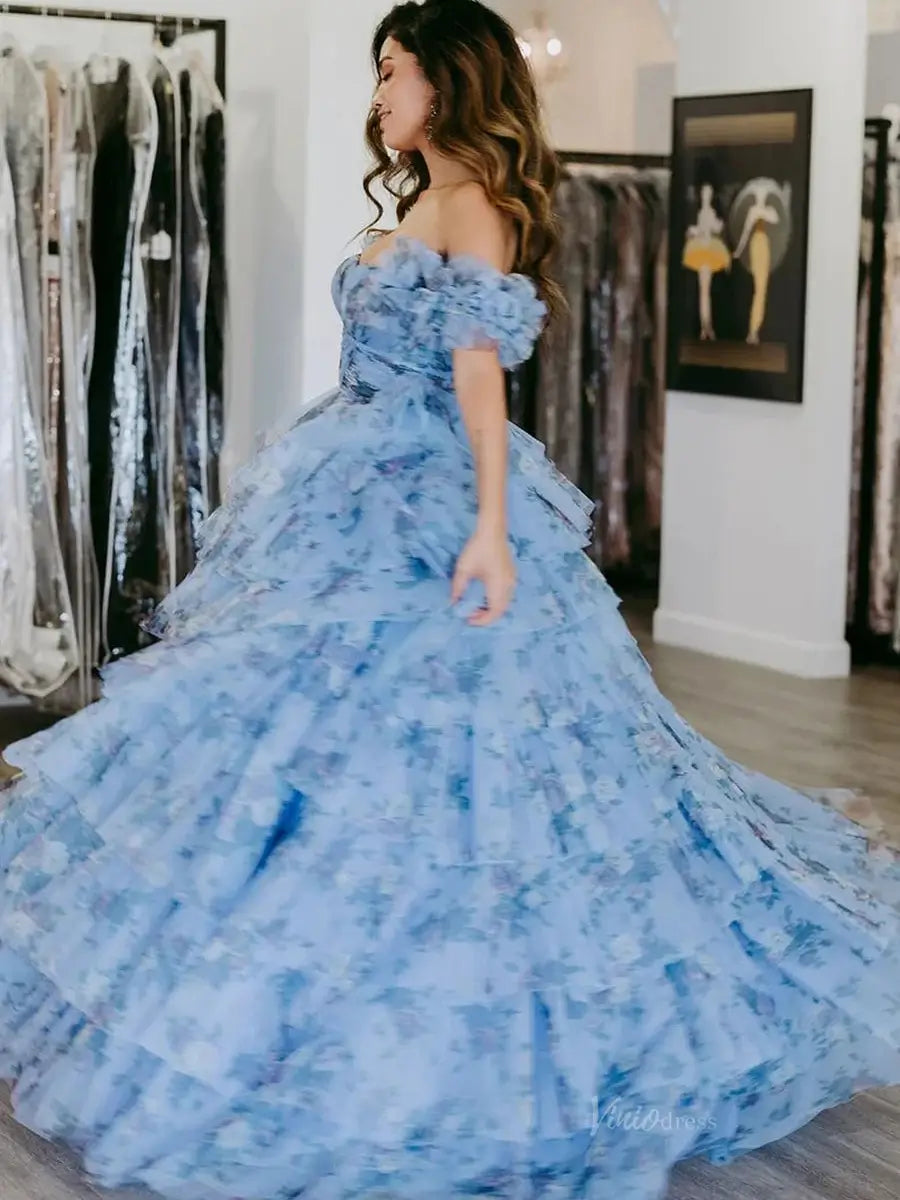 Blue Floral Print Tulle Prom Dresses 2025 Tiered Off the Shoulder Formal Gown - FD5303