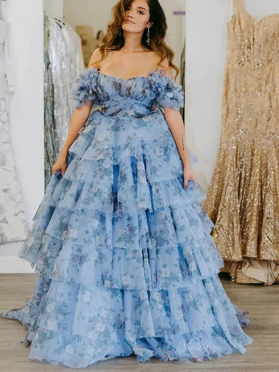 Blue Floral Print Tulle Prom Dresses 2025 Tiered Off the Shoulder Formal Gown - FD5303