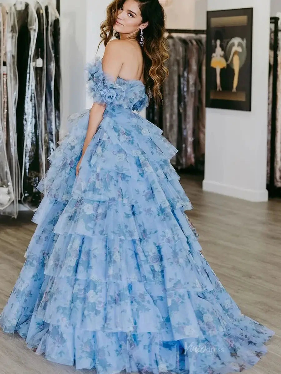 Blue Floral Print Tulle Prom Dresses 2025 Tiered Off the Shoulder Formal Gown - FD5303