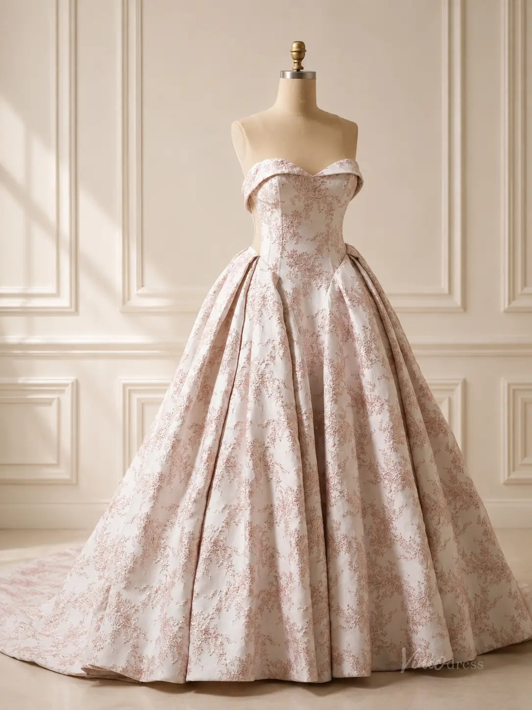 Dusty blue jacquard wedding dress with a strapless sweetheart neckline and a voluminous pleated ball gown skirt.
