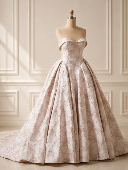 Dusty blue jacquard wedding dress with a strapless sweetheart neckline and a voluminous pleated ball gown skirt.
