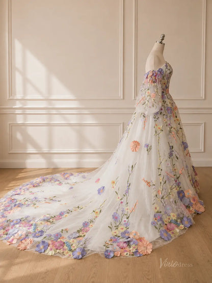 White off-the-shoulder ball gown with a long train, featuring colorful 3D floral embroidery and sheer puff sleeves.