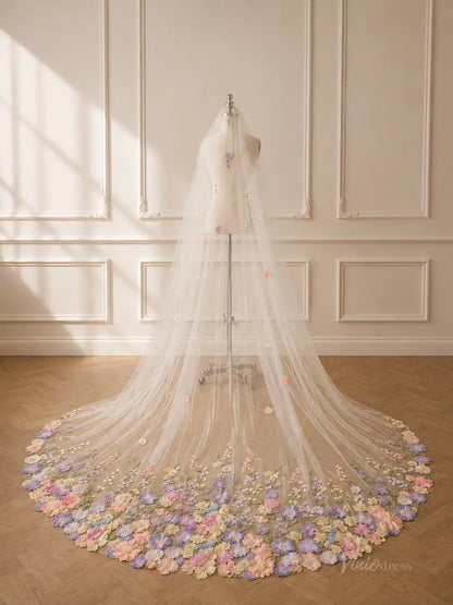 Cathedral length wedding veil with colorful 3D floral applique embroidery on sheer white tulle fabric.