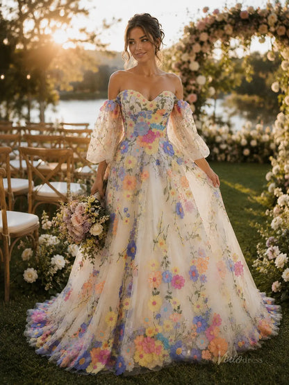 Off-the-shoulder A-line wedding dress featuring colorful 3D floral embroidery, sheer puff sleeves, and a tulle skirt.