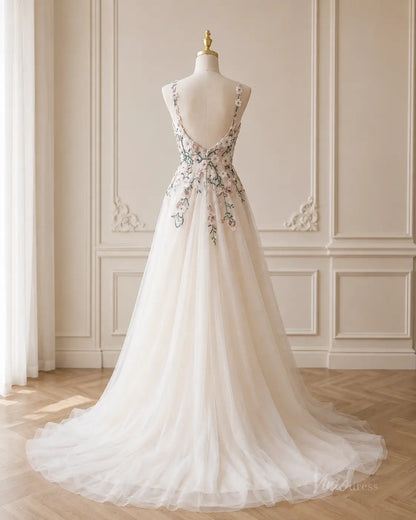 Backless A-line wedding dress FW298 featuring delicate floral embroidery, thin straps, and a flowing tulle floor-length skirt.