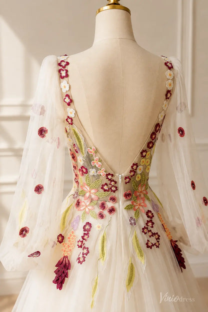 Colorful Floral Embroidered Wedding Dress with Long Sleeves and Chapel Train FW300