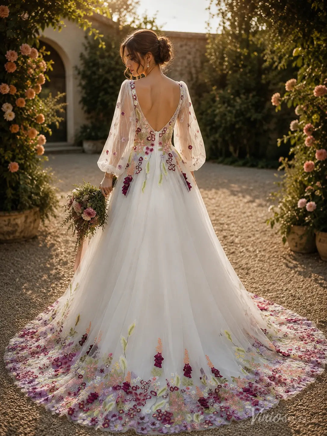 Colorful Floral Embroidered Wedding Dress with Long Sleeves and Chapel Train FW300