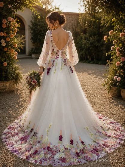 Colorful Floral Embroidered Wedding Dress with Long Sleeves and Chapel Train FW300