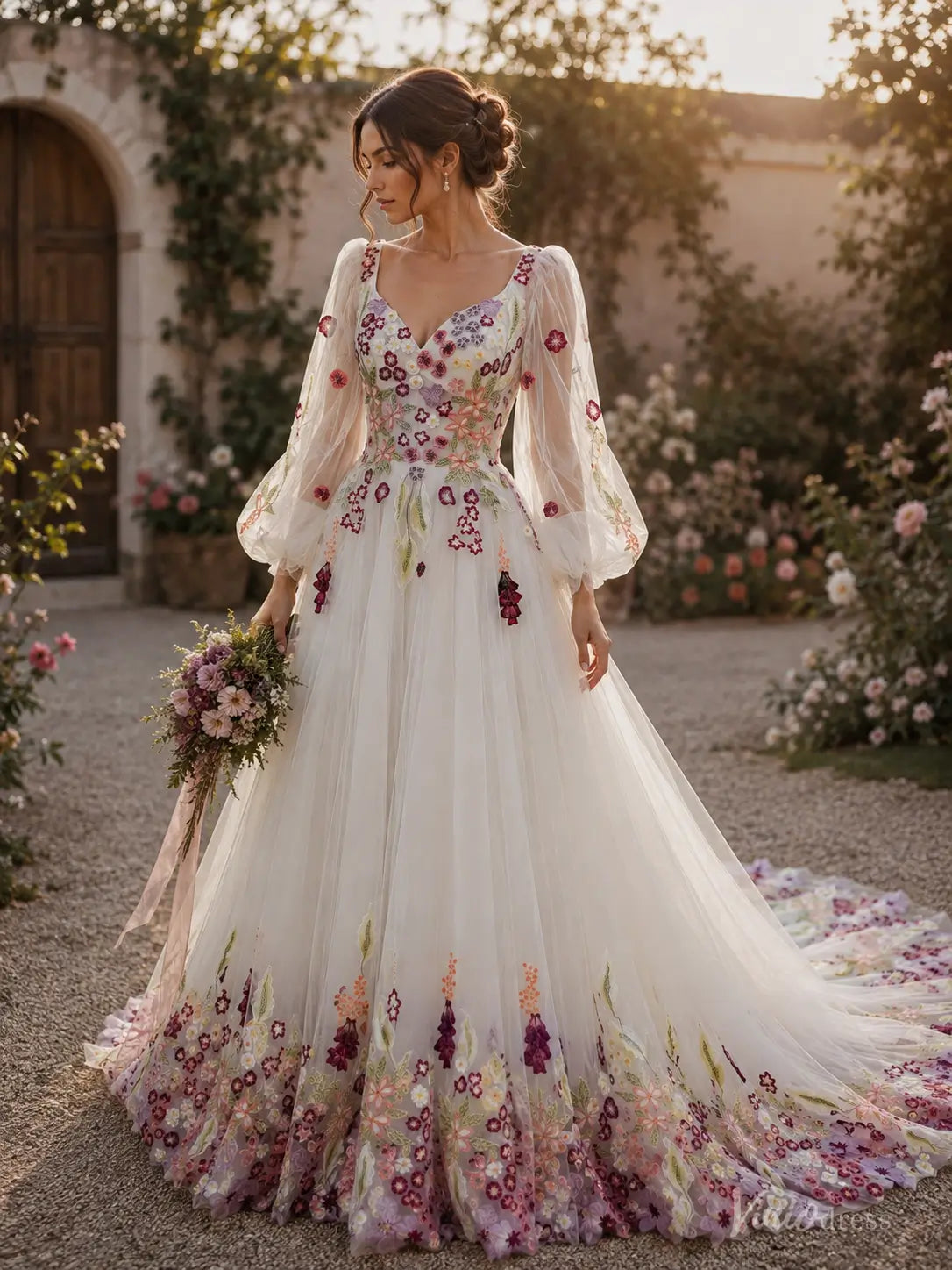 Colorful Floral Embroidered Wedding Dress with Long Sleeves and Chapel Train FW300