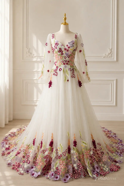 Colorful Floral Embroidered Wedding Dress with Long Sleeves and Chapel Train FW300