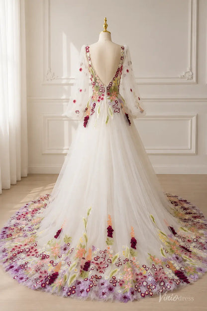 Colorful Floral Embroidered Wedding Dress with Long Sleeves and Chapel Train FW300