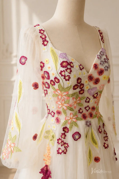 Colorful Floral Embroidered Wedding Dress with Long Sleeves and Chapel Train FW300