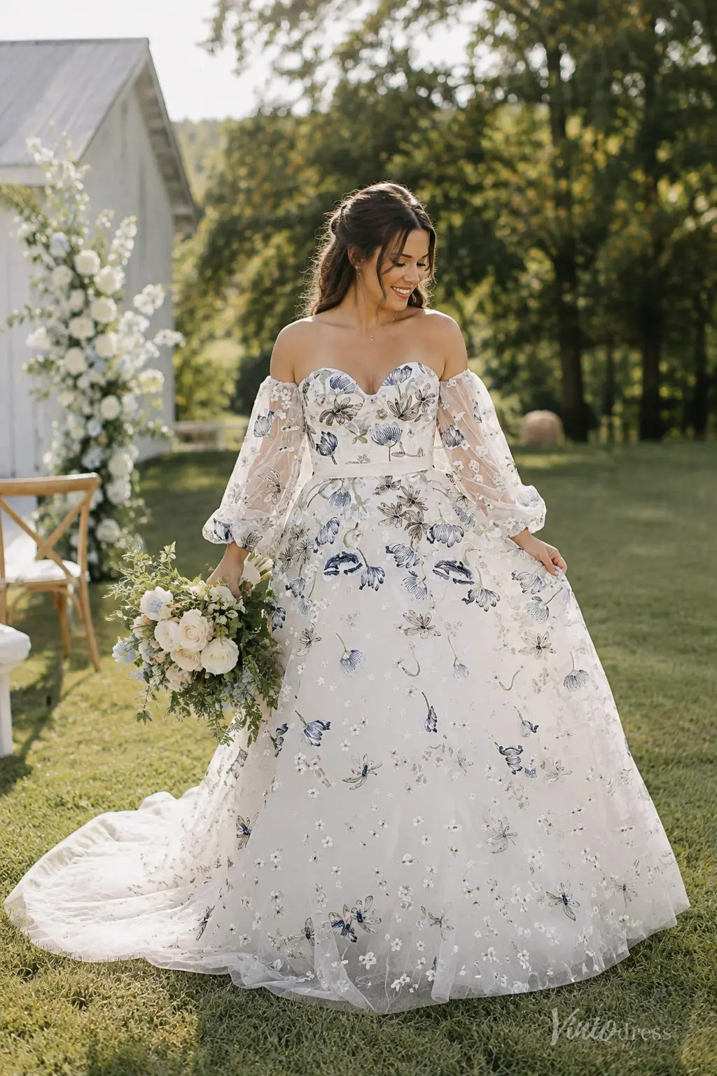 Blue Floral Embroidered Wedding Dress with Off-the-Shoulder Puff Sleeves FW301
