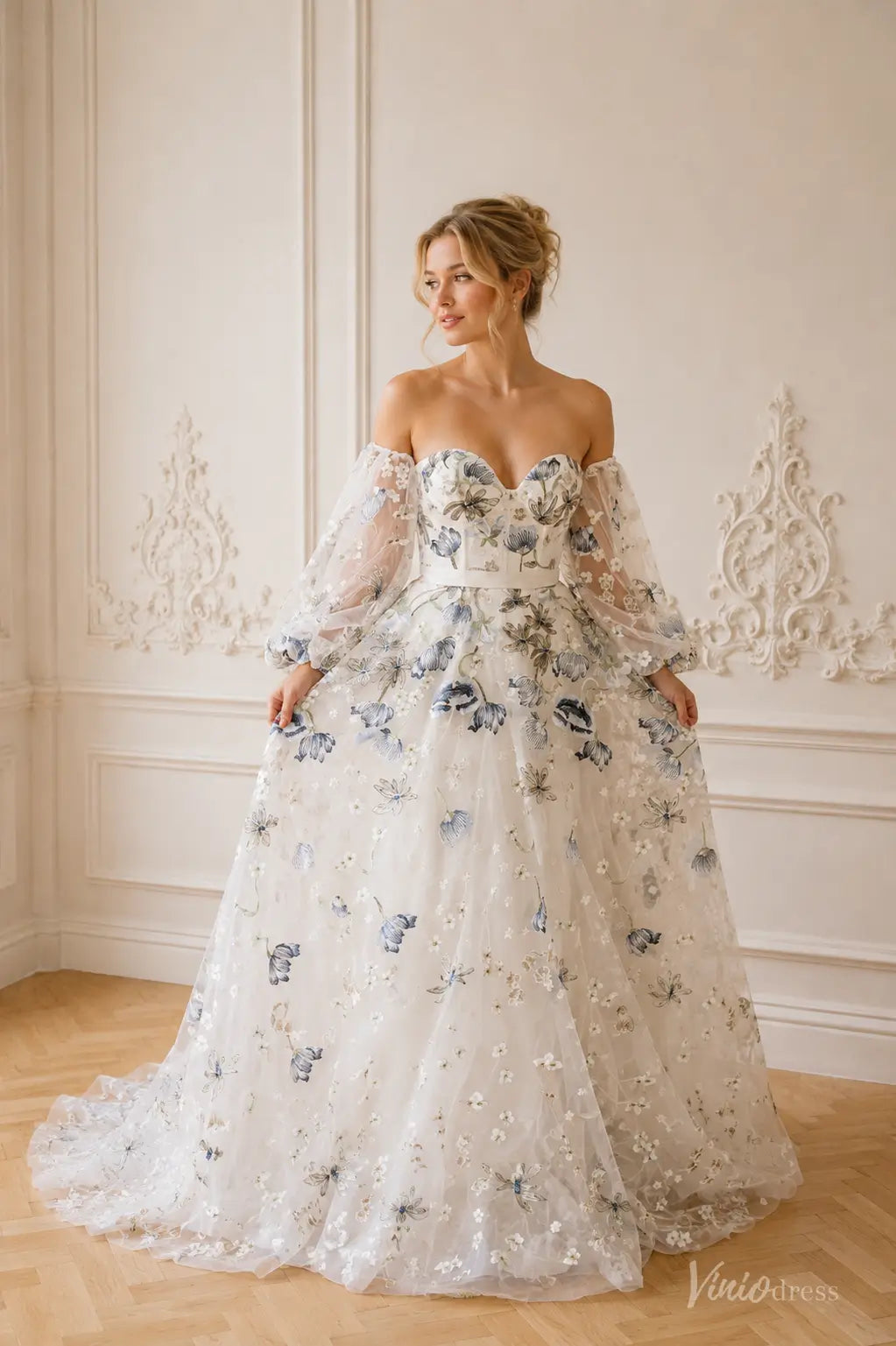 Blue Floral Embroidered Wedding Dress with Off-the-Shoulder Puff Sleeves FW301