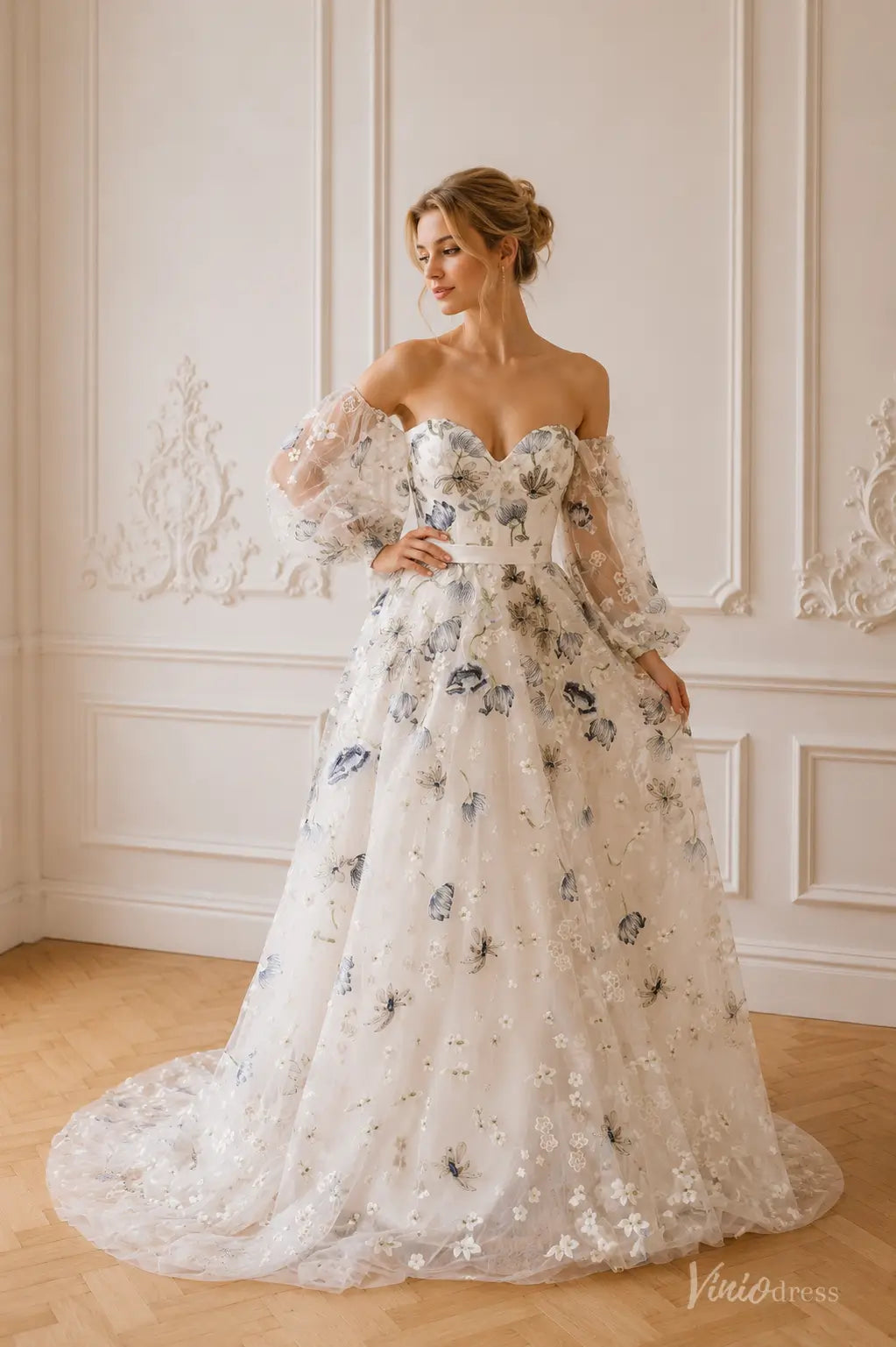 Blue Floral Embroidered Wedding Dress with Off-the-Shoulder Puff Sleeves FW301