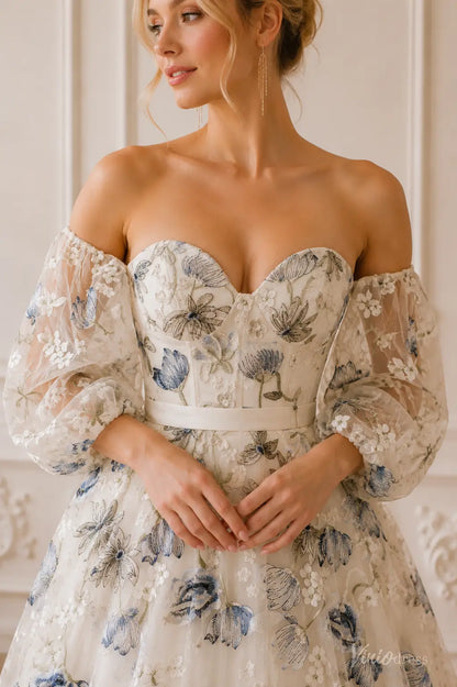 Blue Floral Embroidered Wedding Dress with Off-the-Shoulder Puff Sleeves FW301