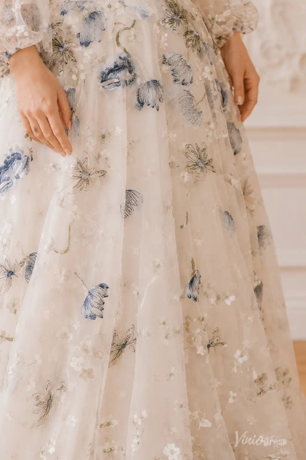 Blue Floral Embroidered Wedding Dress with Off-the-Shoulder Puff Sleeves FW301
