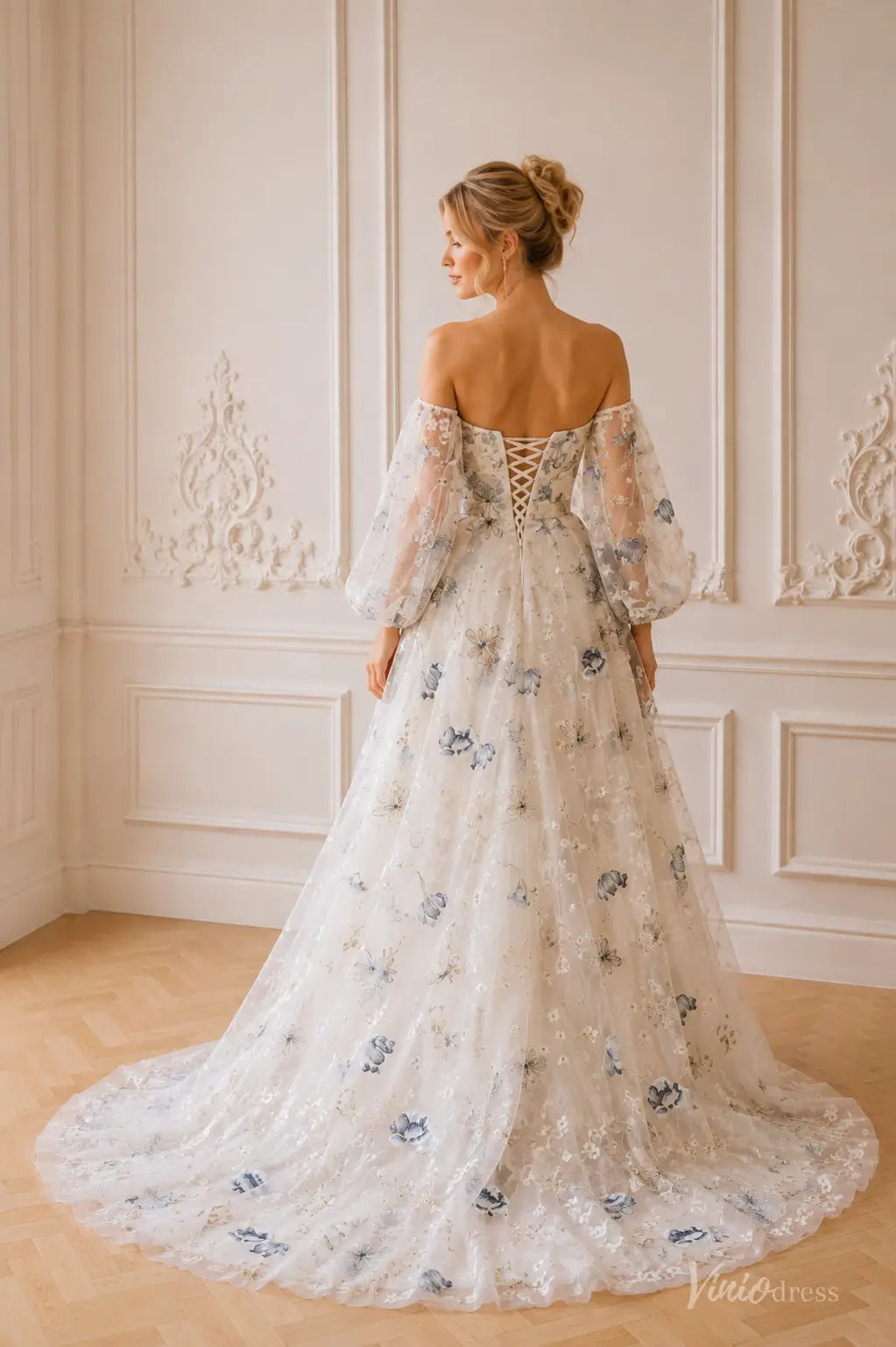 Blue Floral Embroidered Wedding Dress with Off-the-Shoulder Puff Sleeves FW301