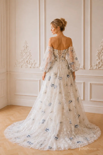 Blue Floral Embroidered Wedding Dress with Off-the-Shoulder Puff Sleeves FW301