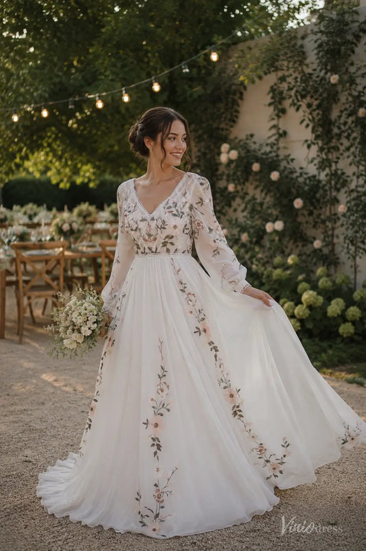 Colored Floral Chiffon Wedding Dresses with Long Sleeves, V-Neck and Open Back FW302