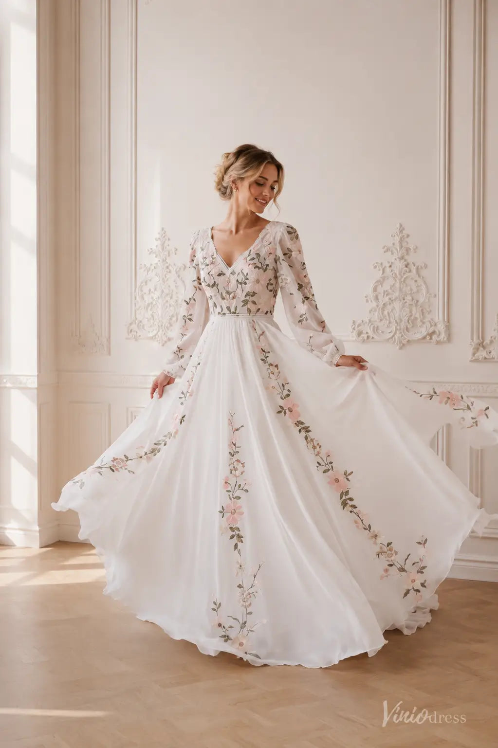 Colored Floral Chiffon Wedding Dresses with Long Sleeves, V-Neck and Open Back FW302