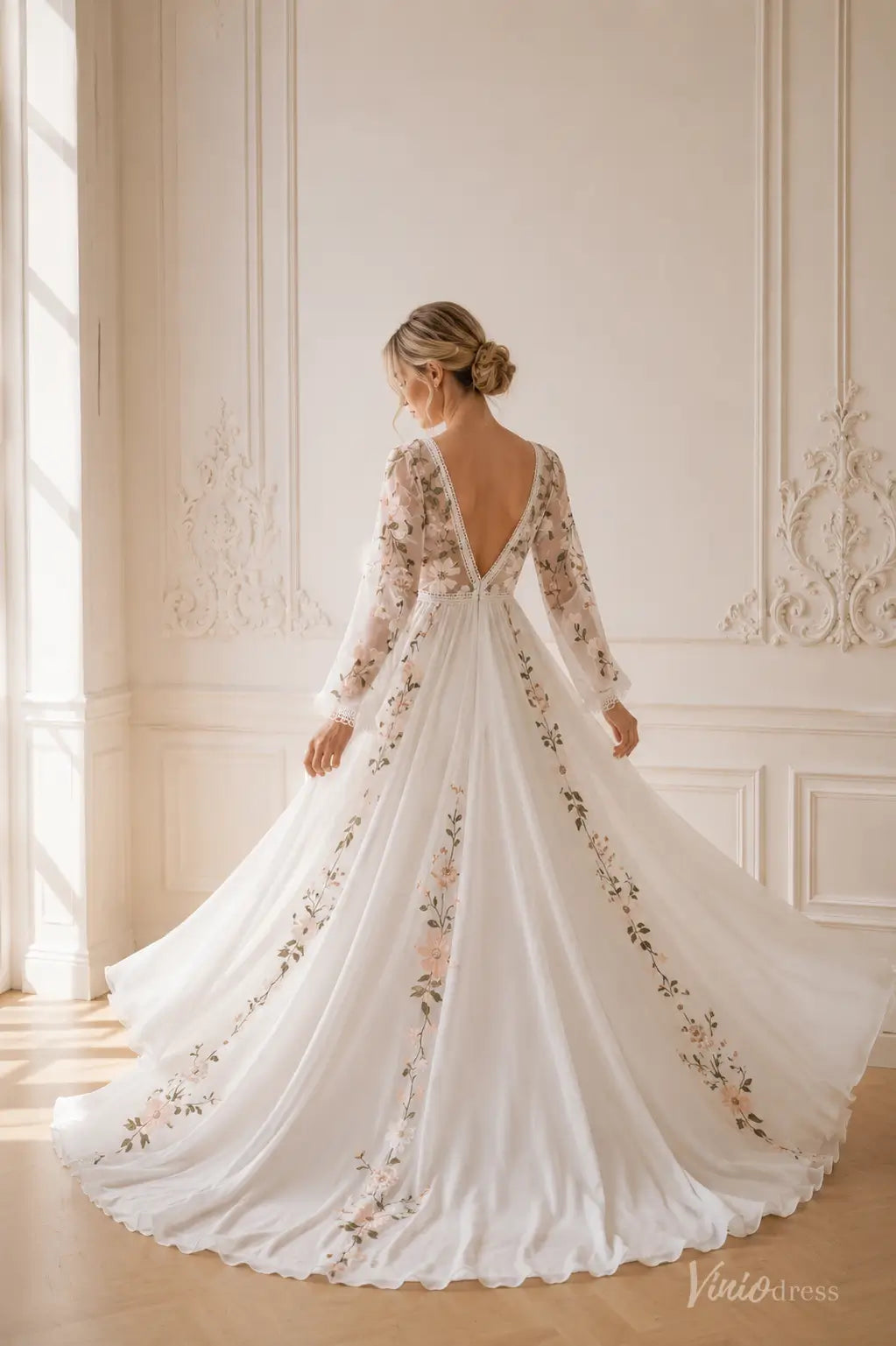 Colored Floral Chiffon Wedding Dresses with Long Sleeves, V-Neck and Open Back FW302