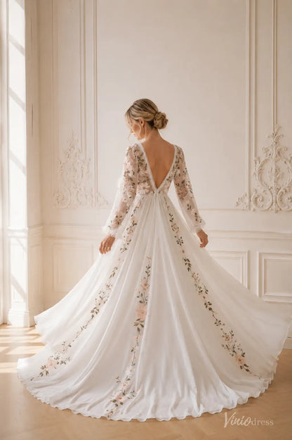 Colored Floral Chiffon Wedding Dresses with Long Sleeves, V-Neck and Open Back FW302