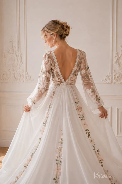 Colored Floral Chiffon Wedding Dresses with Long Sleeves, V-Neck and Open Back FW302