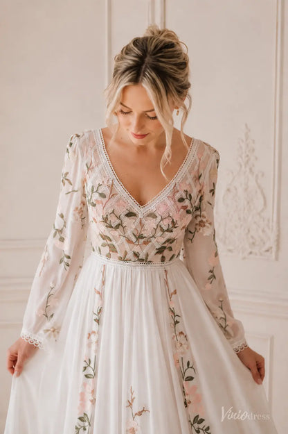 Colored Floral Chiffon Wedding Dresses with Long Sleeves, V-Neck and Open Back FW302