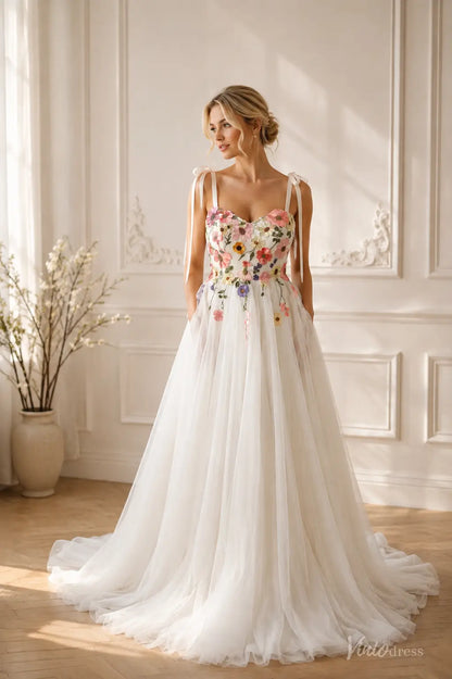Colorful Floral Embroidered Wedding Dresses with Sweetheart Neckline and Bow Straps FW304