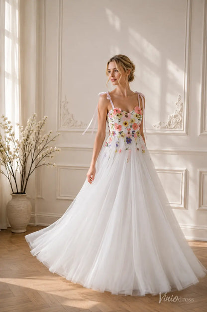 Colorful Floral Embroidered Wedding Dresses with Sweetheart Neckline and Bow Straps FW304