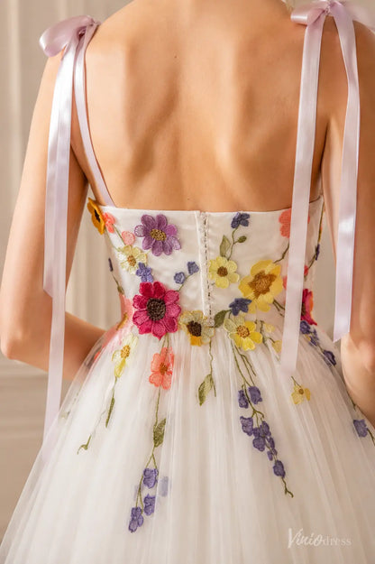 Colorful Floral Embroidered Wedding Dresses with Sweetheart Neckline and Bow Straps FW304
