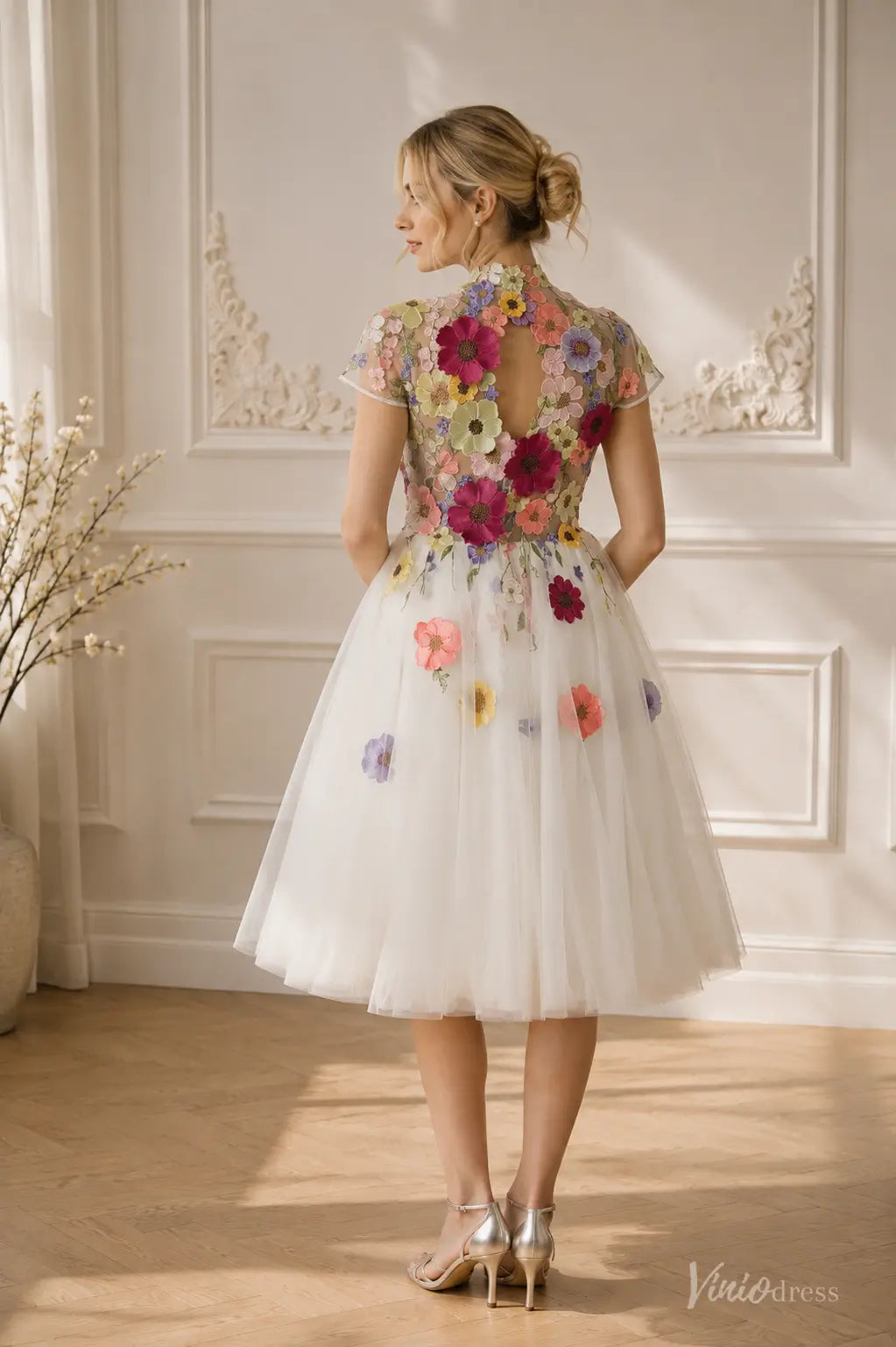 Colored Wildflower Wedding Dresses with High Neck and Cap Sleeves FW304