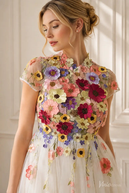 Colored Wildflower Wedding Dresses with High Neck and Cap Sleeves FW304