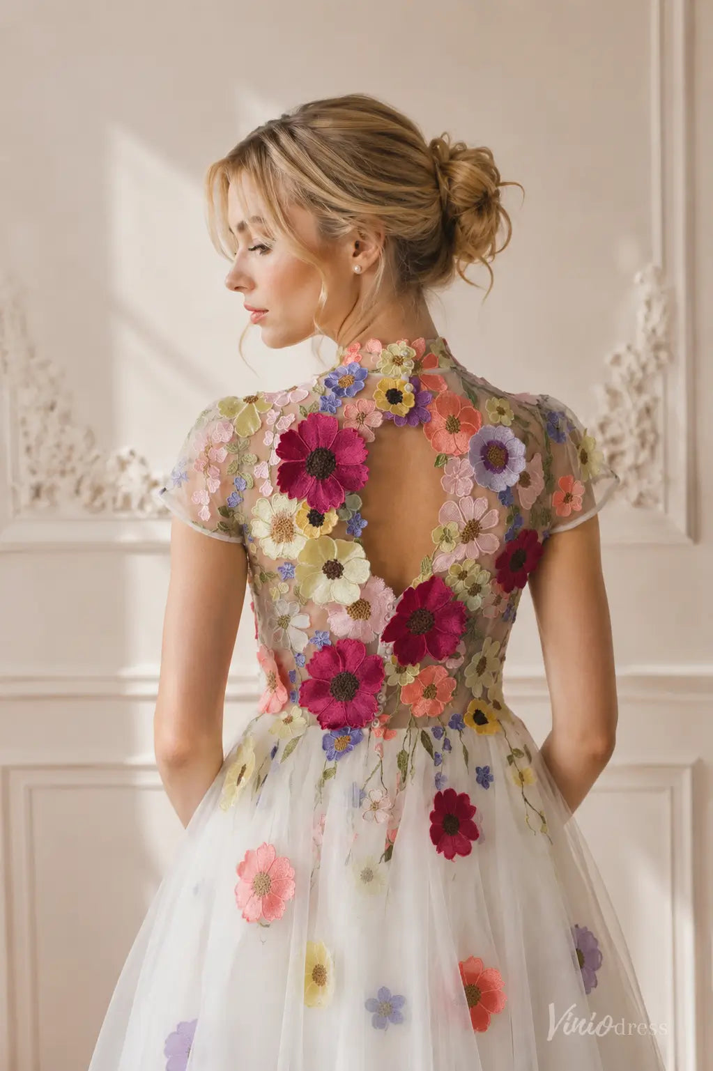Colored Wildflower Wedding Dresses with High Neck and Cap Sleeves FW304
