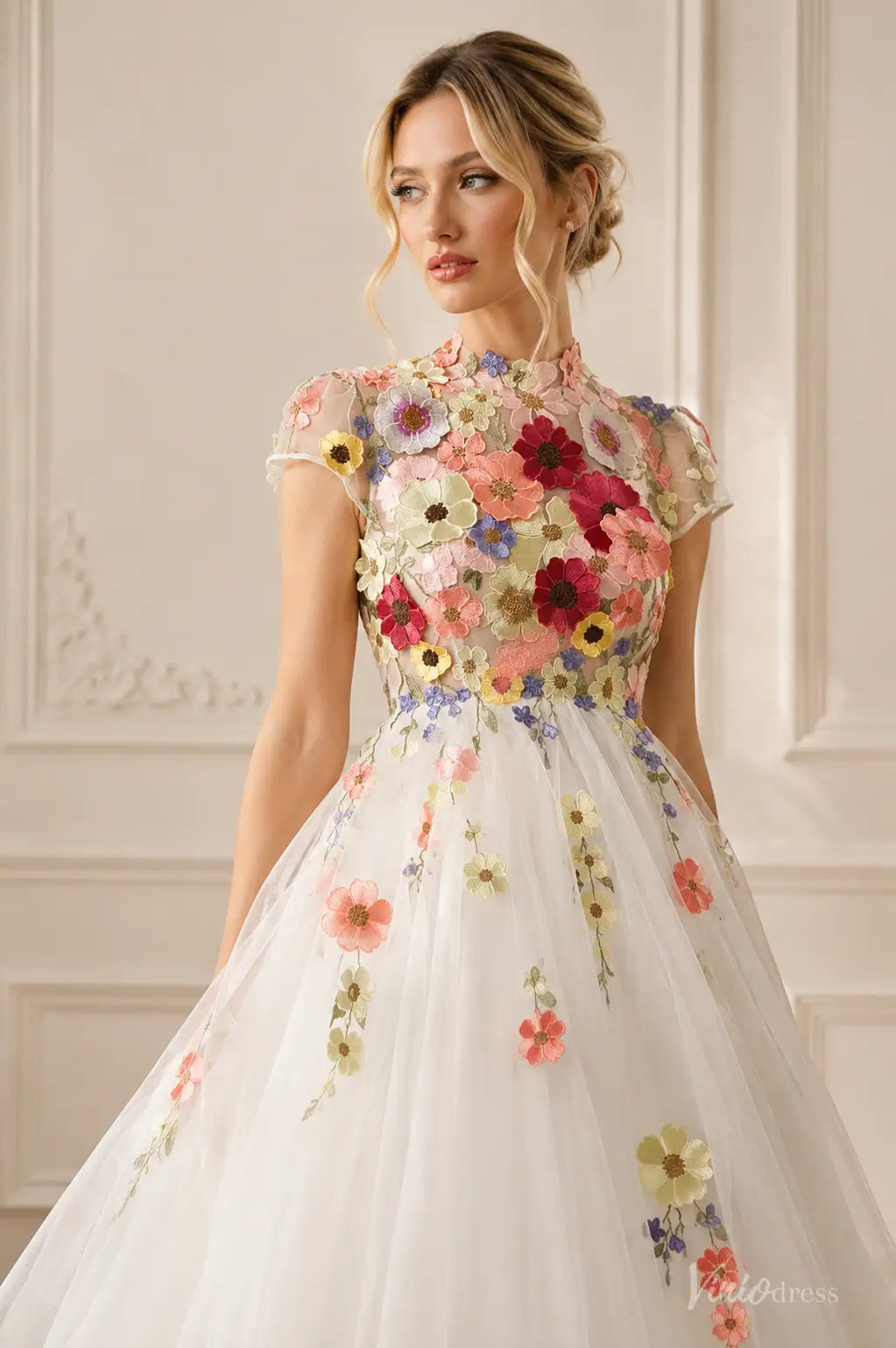 Colored Wildflower Wedding Dresses with High Neck and Cap Sleeves FW304