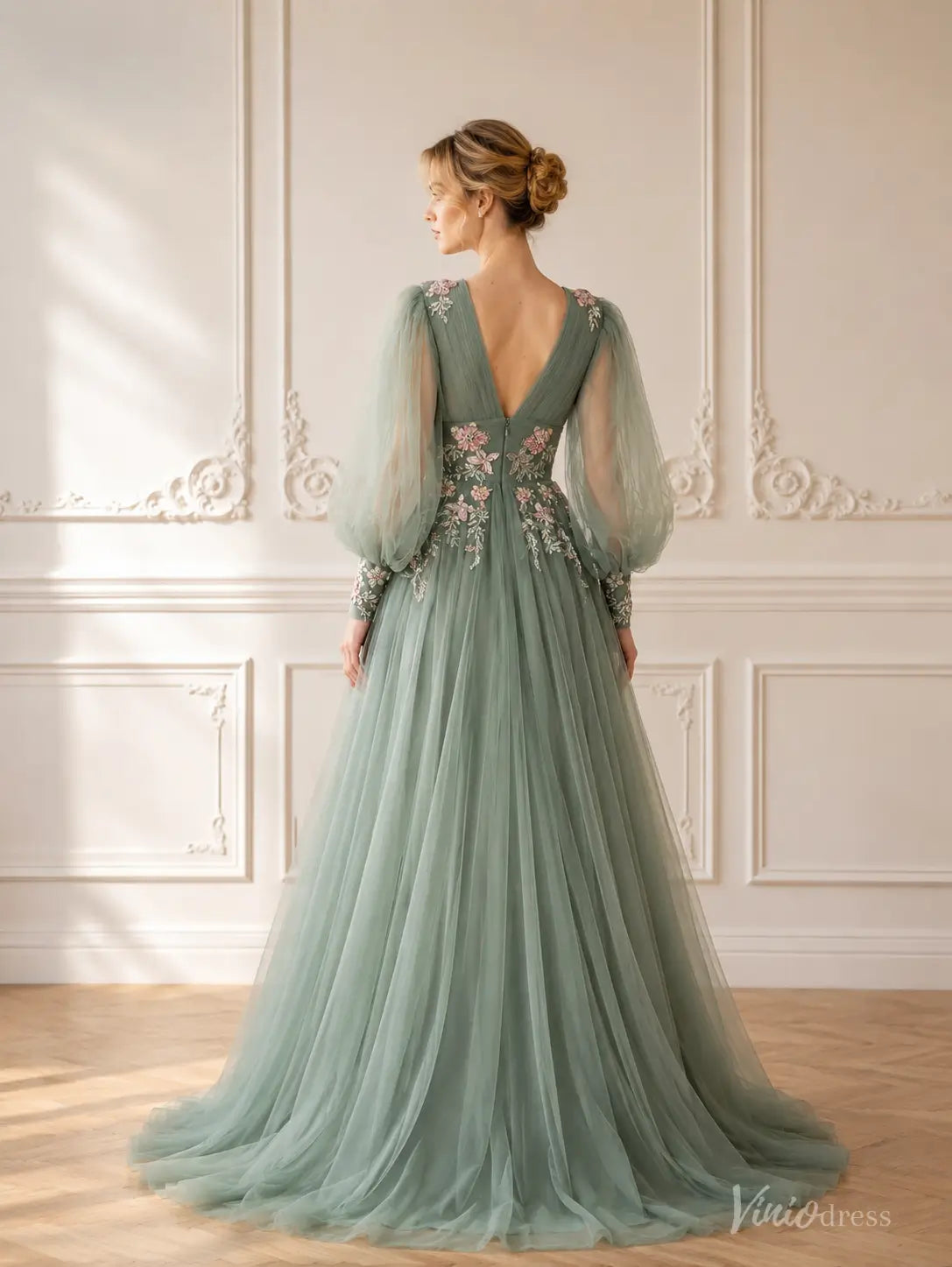 Sage Green Beaded Floral Wedding Dress with Long Puff Sleeves and V-Neck FW306