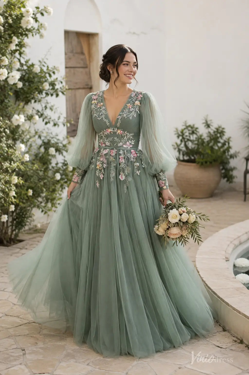 Sage Green Beaded Floral Wedding Dress with Long Puff Sleeves and V-Neck FW306