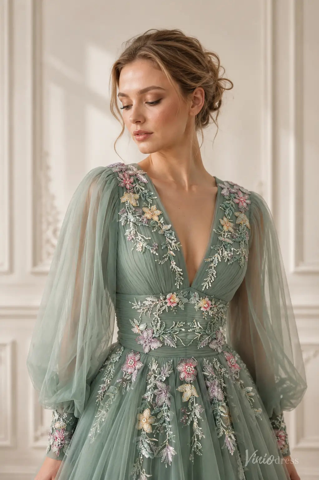 Sage Green Beaded Floral Wedding Dress with Long Puff Sleeves and V-Neck FW306