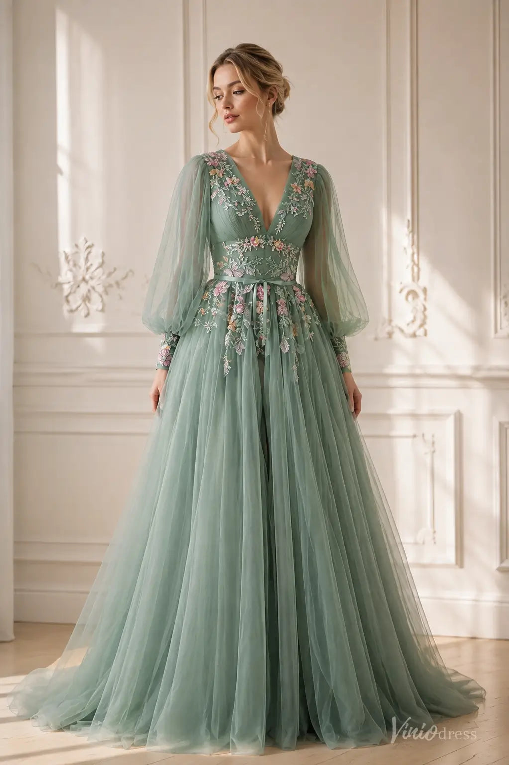Sage Green Beaded Floral Wedding Dress with Long Puff Sleeves and V-Neck FW306