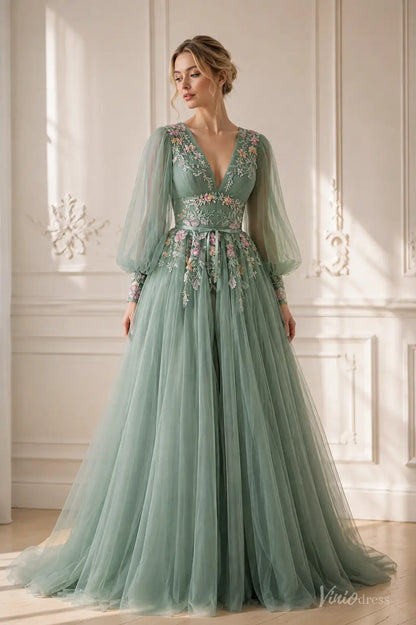 Sage Green Beaded Floral Wedding Dress with Long Puff Sleeves and V-Neck FW306