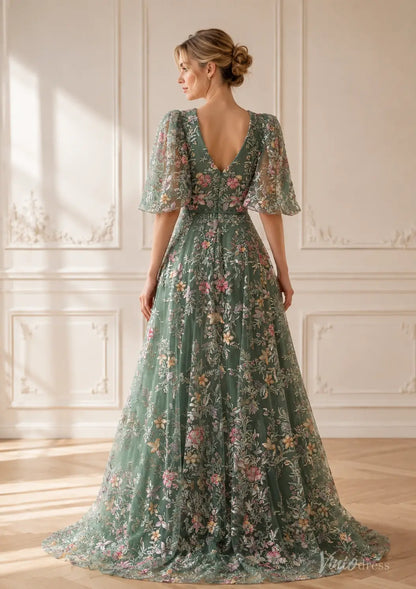 Sage Green Beaded Floral Wedding Dress with Half Puff Sleeves and V-Neck FW307