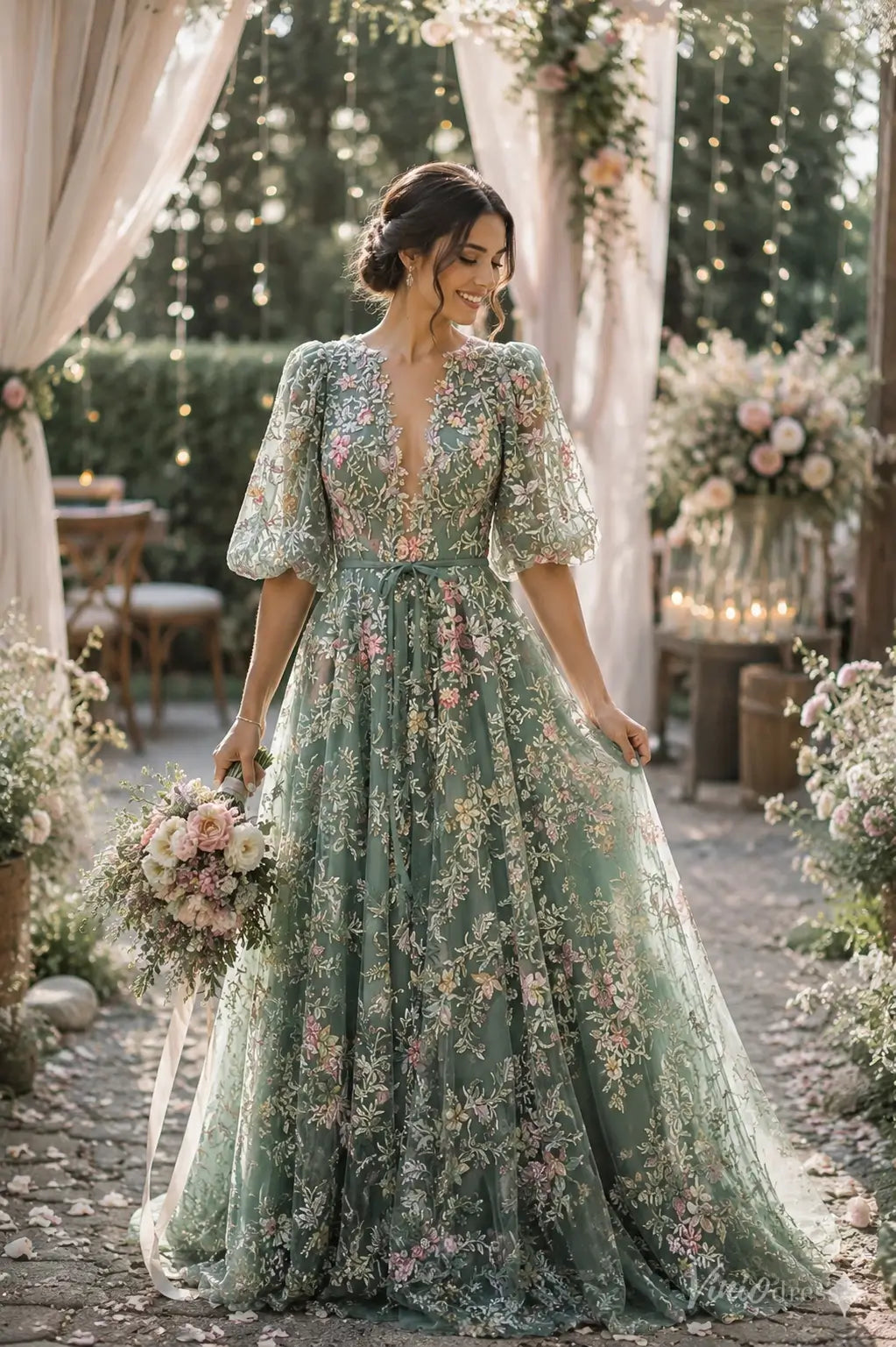 Sage Green Beaded Floral Wedding Dress with Half Puff Sleeves and V-Neck FW307