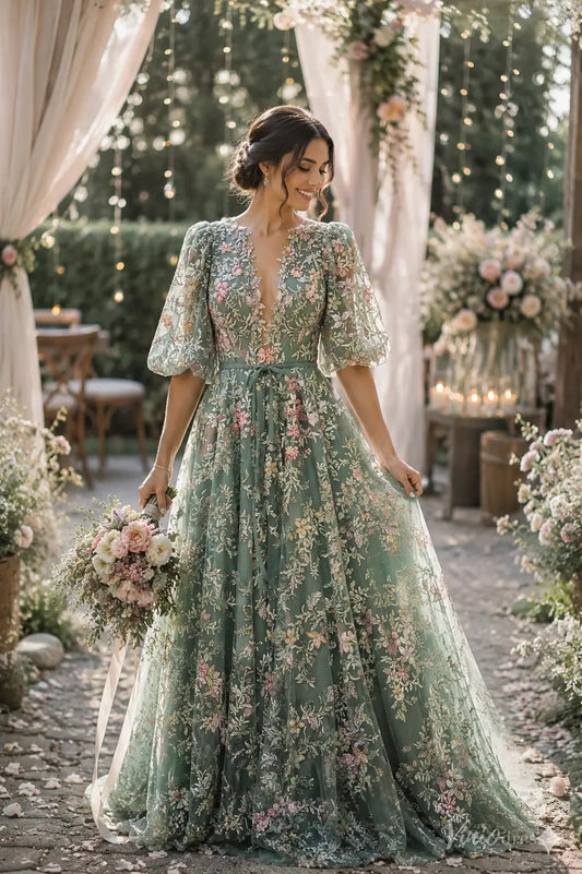Sage Green Beaded Floral Wedding Dress with Half Puff Sleeves and V-Neck FW307