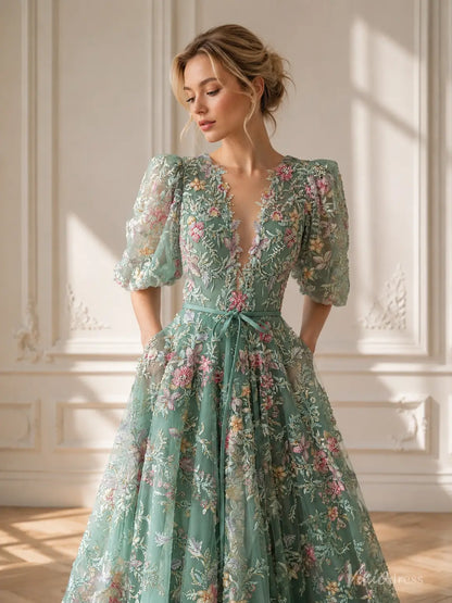 Sage Green Beaded Floral Wedding Dress with Half Puff Sleeves and V-Neck FW307