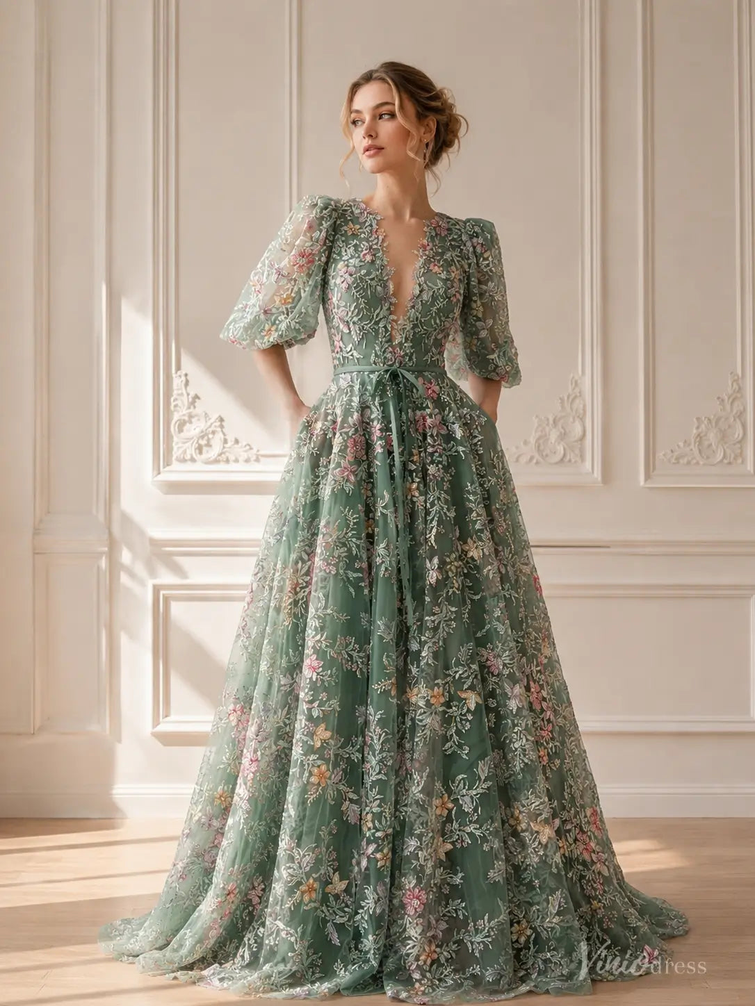 Sage Green Beaded Floral Wedding Dress with Half Puff Sleeves and V-Neck FW307